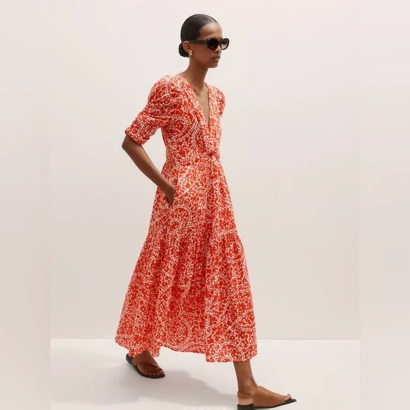 ME+EM | VGUC Cheesecloth Mono Paisley Print Maxi Dress Red Orange Cotton, US 14 - Picture 3 of 14